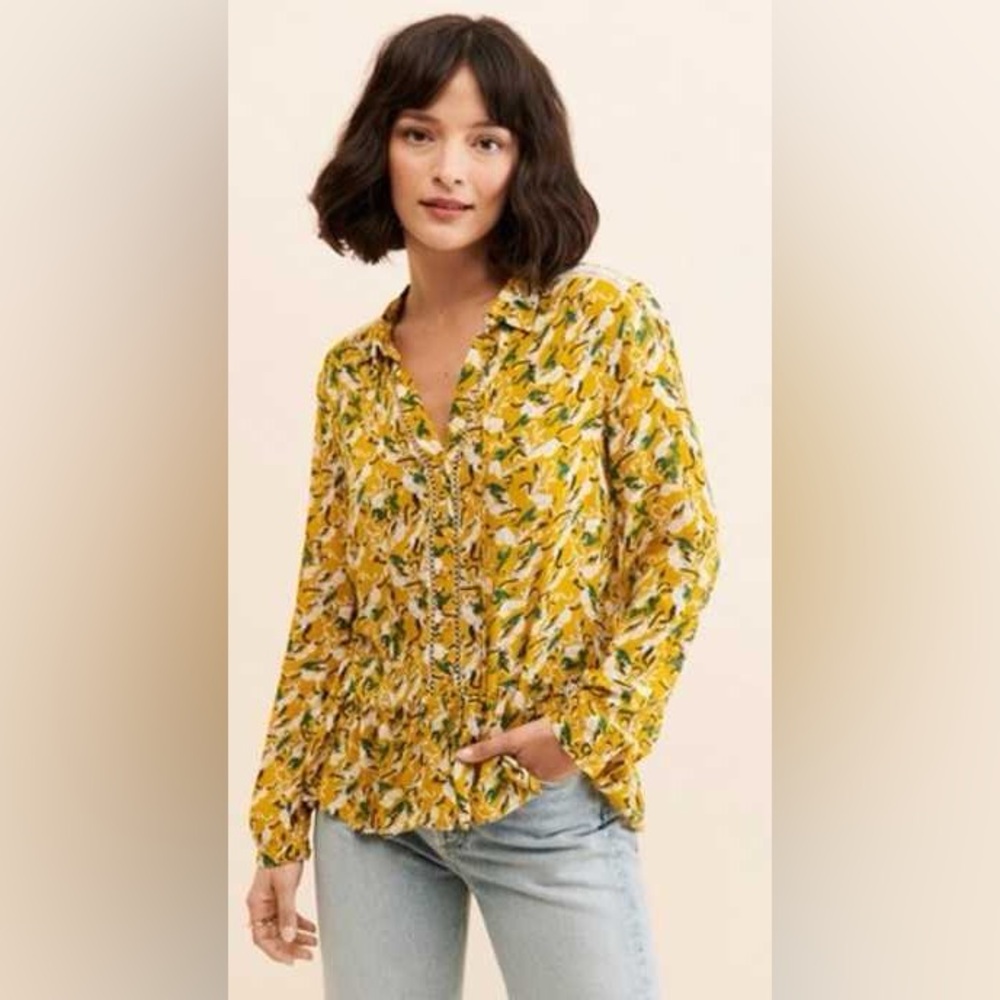 ANTHROPOLOGIE + MAEVE Janie Flounced Peasant Blouse Rabbit Printed Top - Picture 4 of 16